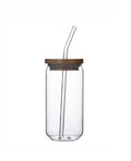 Round Shape Plain Glass Sipper with Wooden Lid & Glass Straw 500 Ml
