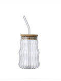Round Glass Coffee Sipper with Wooden Lid & Straw 500 Ml